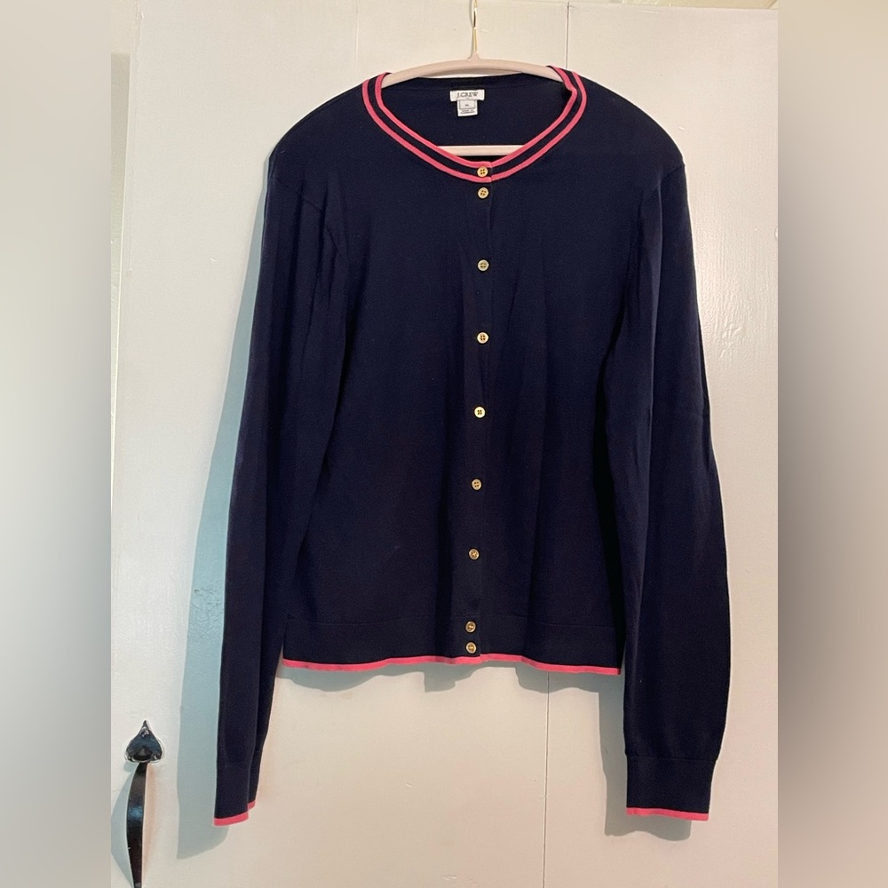 J Crew Navy Cardigan with Pink Trim